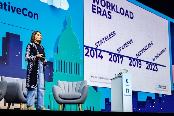 Photo of CNCF executive director Priyanka Sharma on stage at KubeCon + CloudNativeCon 2024 in Paris